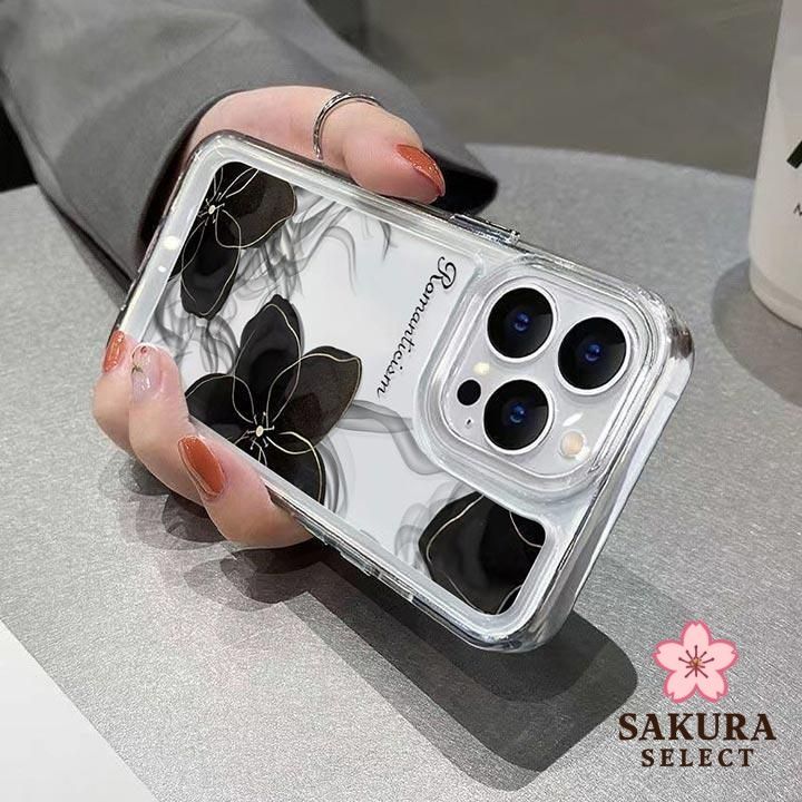 新品 iPhone16ケース クリアタイプ 浮世絵風フラワー 墨絵