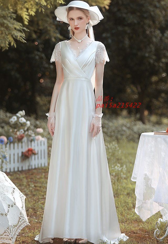 ウェディングドレス 袖あり 半袖 ウェディングドレス 大きいサイズ 3L シンプル 前撮り 上品 小さいサイズ 二次会 ウェディングドレス 4L Vネック レース pai5a215422