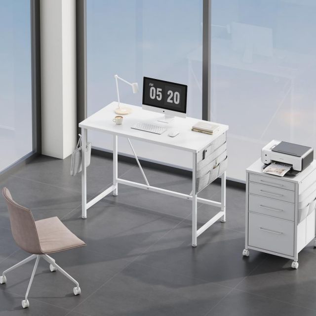 YeTom パソコンデスク pc 幅100 奥行48cm つくえ シンプル 収納袋付き勉強机 フック付き学習机 オフ ィス 組立簡単 在宅 テレワーク 白い