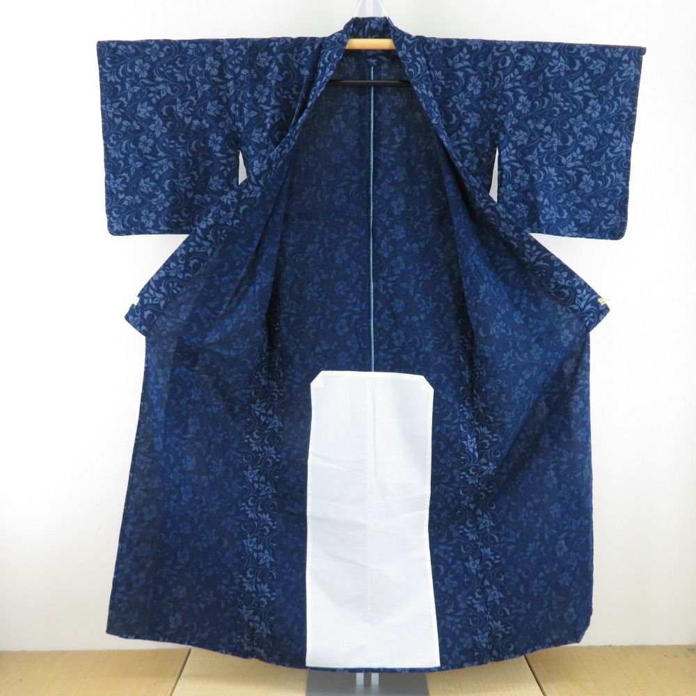 浴衣 阿波しじら織り 抜染 女性用ゆかた 青色 花唐草文様 夏物 浴衣 阿波しじら織り 抜染 女性用ゆかた 青色 花唐草文様 夏物
