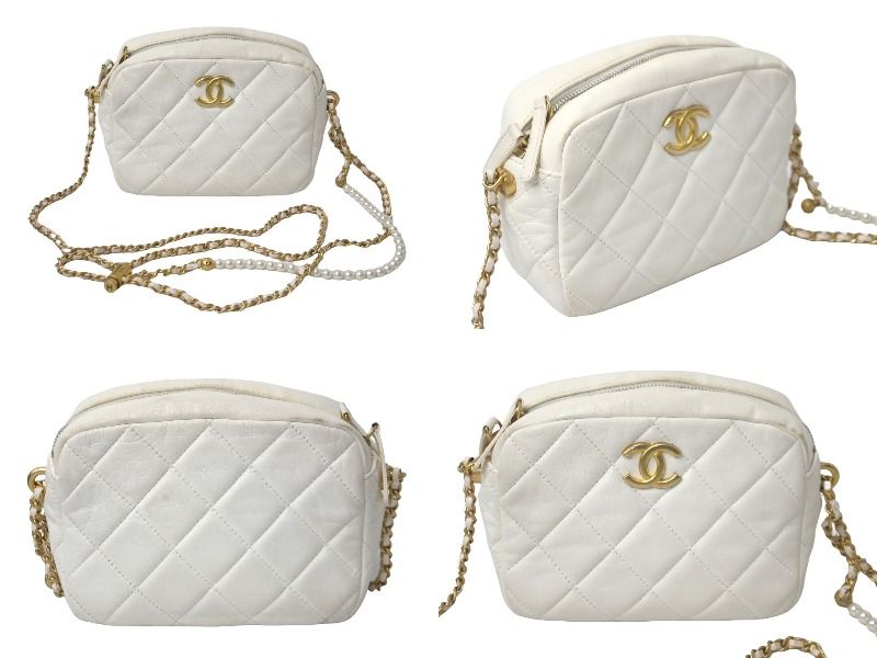 CHANEL（シャネル）のヴィンテージショルダーバッグ、ホワイトラムスキン CHANEL シャネル ショルダーバッグ ロゴパール付き チェーンショルダー