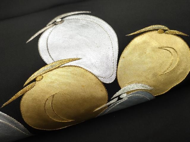 平和屋着物○九寸名古屋帯 刺繍 成物 黒地 金銀彩 正絹 逸品