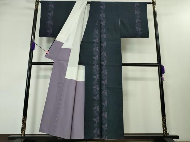 平和屋着物▽結城紬 単衣 100亀甲 舞蝶間道 正絹 逸品 AAAW1372fy