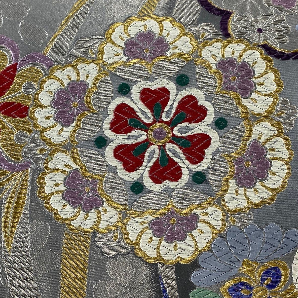 袋帯 美品 秀品 振袖向き 華文 桜 箔 金銀糸 灰色 六通 正絹