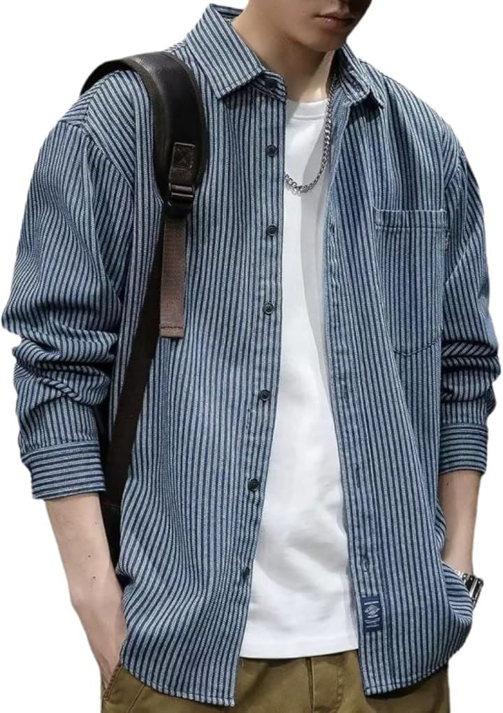 Aspersio Aspersio Collared Striped Shirt Long Sleeve Jacket Fashionable Adult Tops Mens Shirt Jacket Chest Pocket Basic Full Pattern Coat with Buttons Men's Clothing Casual Shirts Commuter Everyday Wear (Blue Stripes, 2XL)