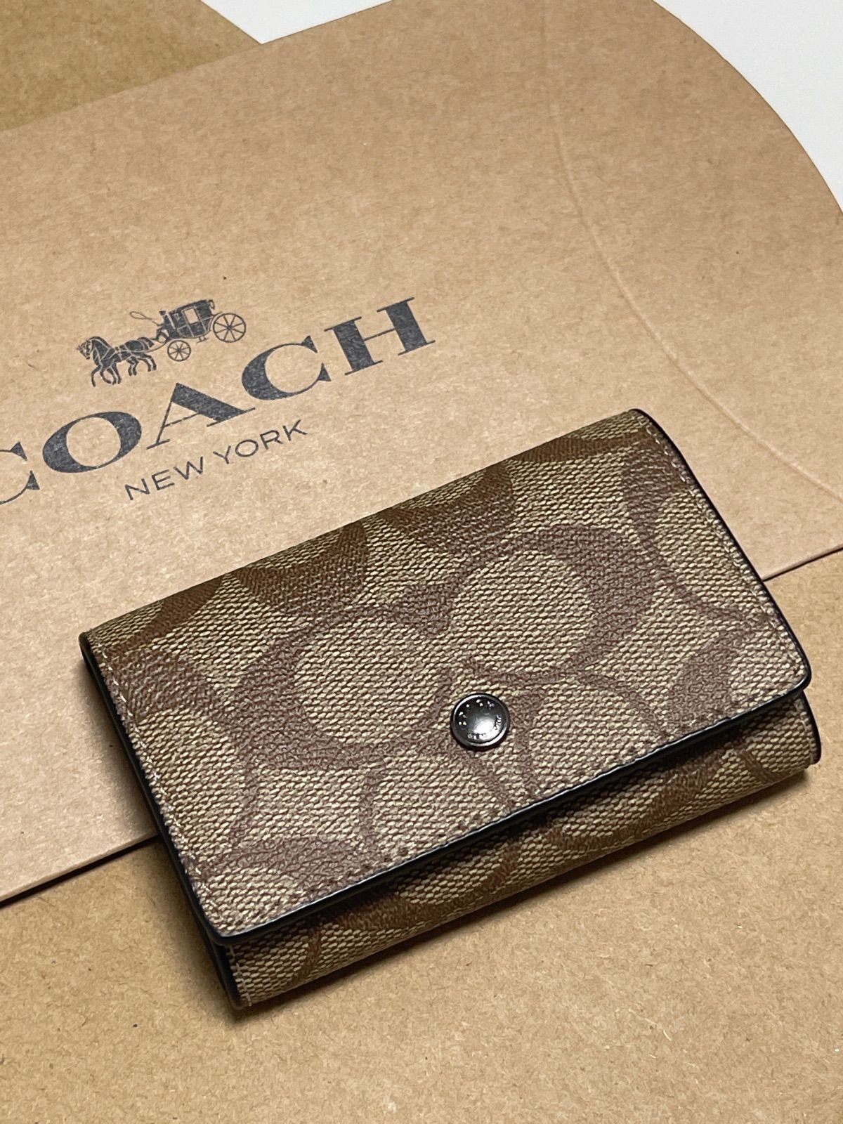 COACH】 5 リング キー ケース シグネチャー キャンバス チャコール