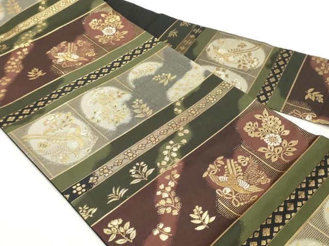 平和屋着物●九寸名古屋帯　鳳凰花菱横段文　黒地　金糸　正絹　逸品　DAAY0082ob 平和屋着物○九寸名古屋帯 鳳凰花菱横段文 黒地 金糸 正絹 逸品