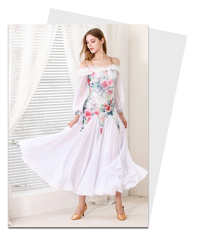 社交ダンスドレス モダンドレス 白 ホワイト 社交ダンス衣装 社交ダンス ドレス 衣装 長袖 大きい裾 ドレス ワルツダンス ステージ衣装 ダンス衣装 ダンスウェア 競技会 パーティー 発表会 競技着 練習着 舞台 演奏会 演出 LLC-HASEGAWATOSO_COM