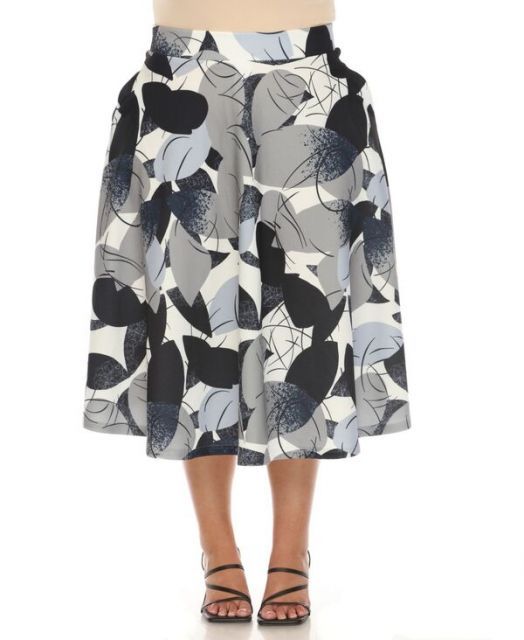 送料無料 ホワイトマーク レディース スカート ボトムス Plus Size Leaf Print Vintage Flared Midi Skirt Navy