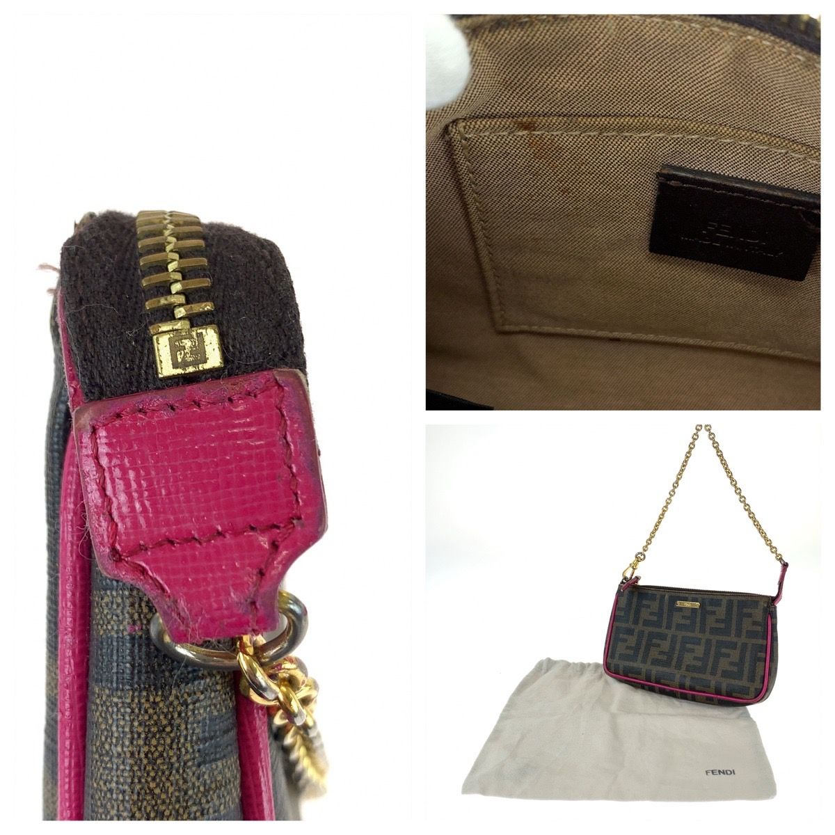FENDI  ポーチ　レザー　ブラック×ピンク　ゴールドロゴ 美品 FENDI フェンディ ズッカ柄 ブラウン ピンク ゴールド金具