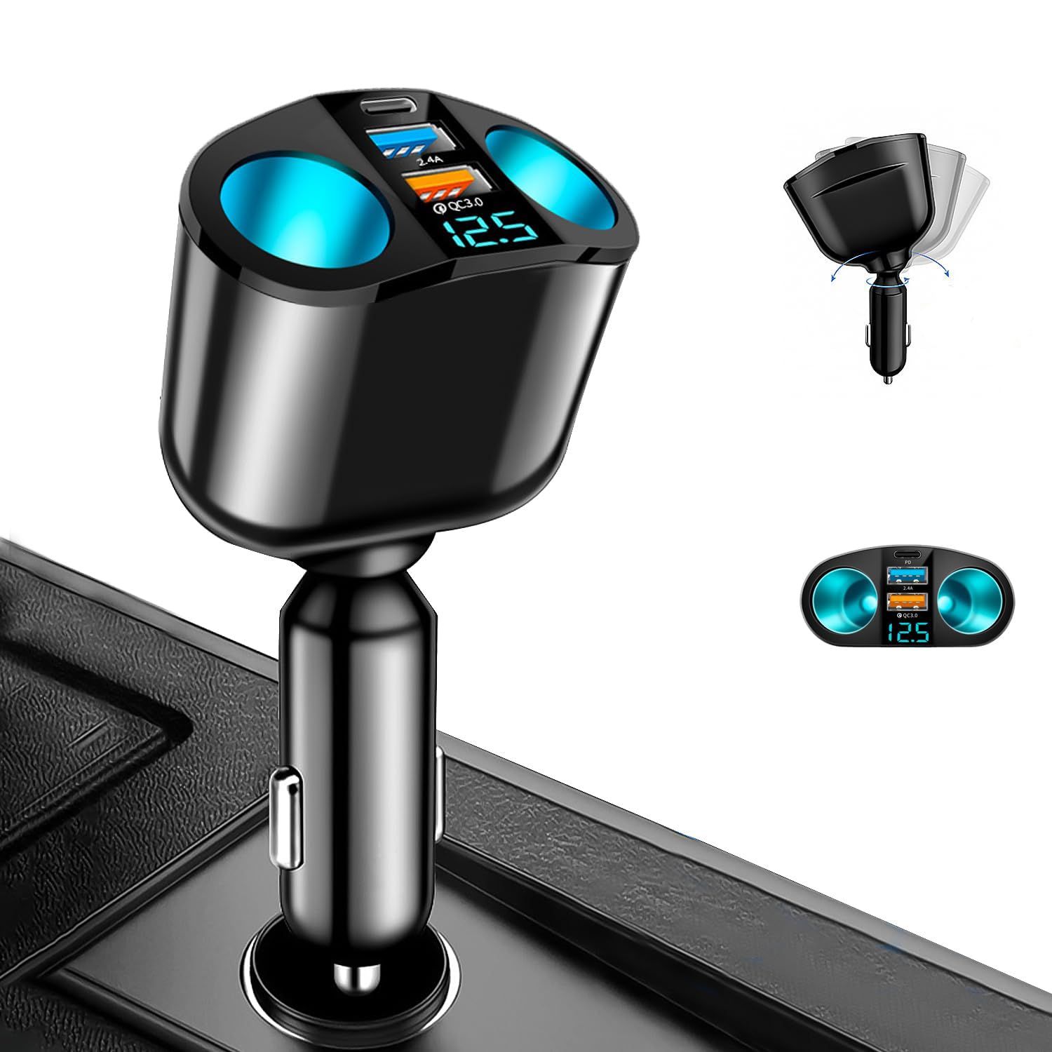 【新着商品】カーチャージャー シガーソケット Twofox 車載充電器 シガーソケット 増設 2連 PD20W 快速充電 カーチャージャー USB デュアルQC3.0ポート 高速車の充電器 90W 2ソケット 独立スイッチ 