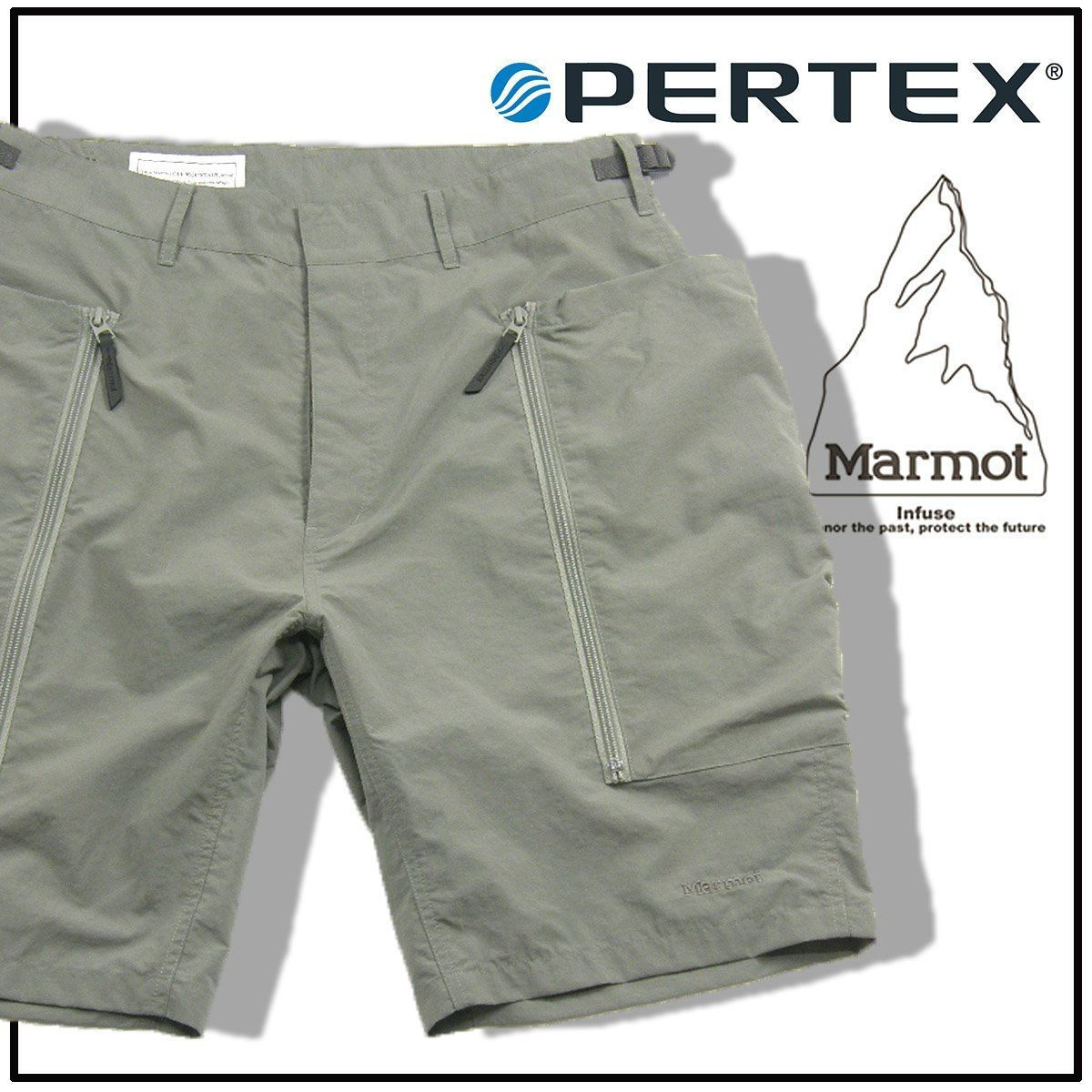 【新品】 Marmot Infuse × PERTEX UNLIMITED / マーモットインフューズ パーテックス アンリミテッドハーフパンツ 撥水 防風 耐久撥水 大容量 サイドポケット カーキ アウトドア キャンプ 外遊び タウンユース マーモット