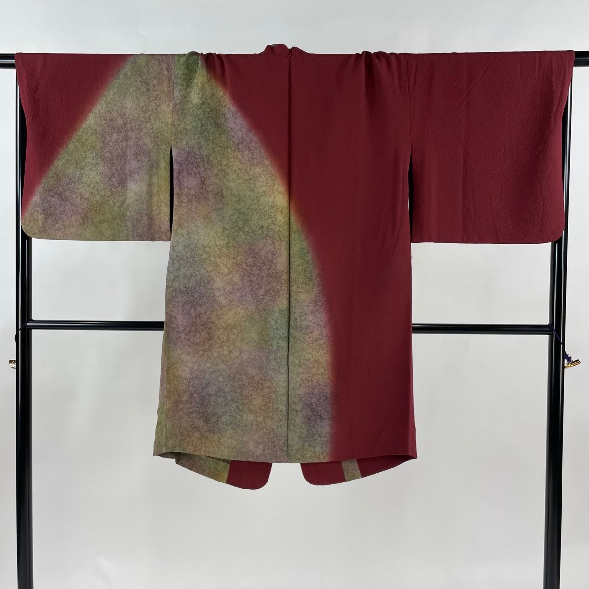 道行 身丈105cm 裄丈68.5cm L 和装コート 被布衿 三本賢 幾何学 染め分け ぼかし えんじ色 正絹 名品