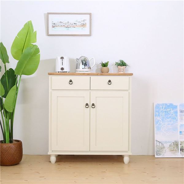 カントリー風 キャビネット|キッチン収納 ホワイト 78×40×85cm 木製 引き出し 扉付き収納 脚付き 〔台所〕