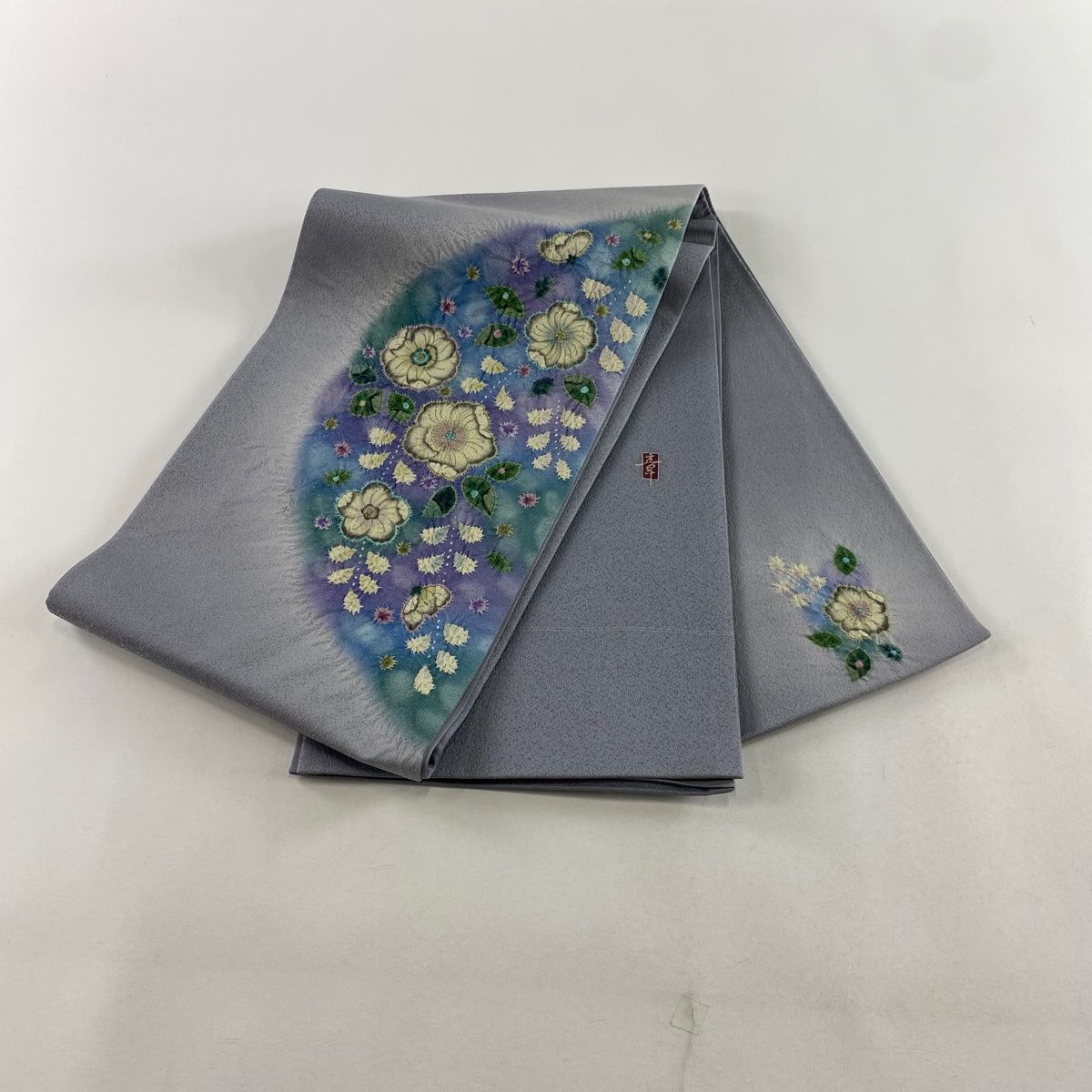 美品】 袋帯 名品 落款 辻が花 銀通し 灰色 お太鼓柄 正絹 【中古 