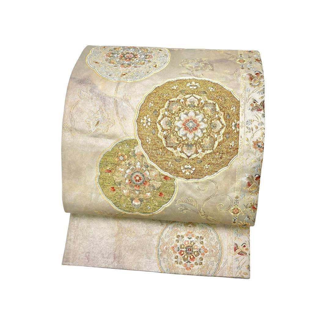 袋帯 紅牙撥鏤尺 美しい華柄模様 金銀糸 練色 O-3884 - メルカリ 