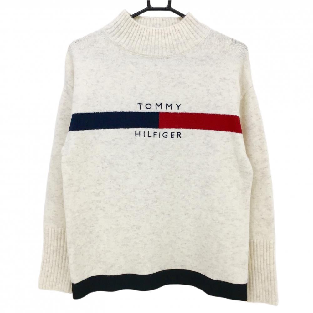 【超美品】トミーヒルフィガー ハイネックセーター 白×ネイビー×レッド ロゴ刺しゅう レディース L ゴルフウェア Tommy Hilfiger Golf