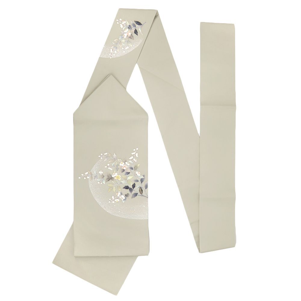 名古屋帯 長尺 正絹 グレージュ 中古 未使用 花 梅の木 塩瀬 友禅染