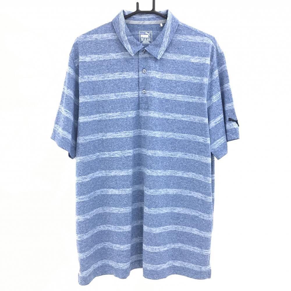 【超美品】プーマ 半袖ポロシャツ 杢ネイビー×白 ボーダー DRYCELL メンズ US-XL ゴルフウェア 大きいサイズ PUMA