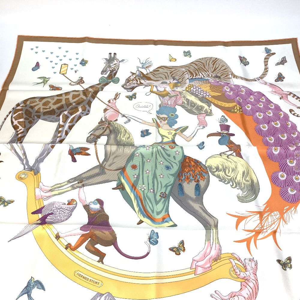 極美品 HERMES エルメス スカーフ カレ90 HERMES STORY カレ90 HERMES STORY スカーフ シルク ホワイト マルチカラー
