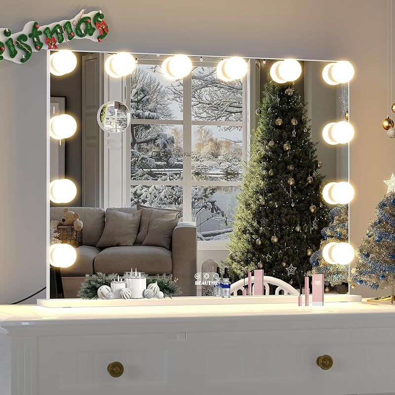 BEAUTME 女優ミラー 卓上ミラー 化粧鏡 3色ライトモード 明るさ調整 LED電球付き ハリウッドミラー 台座付き 卓上 壁掛け両用 白い 72x54.2cm 0