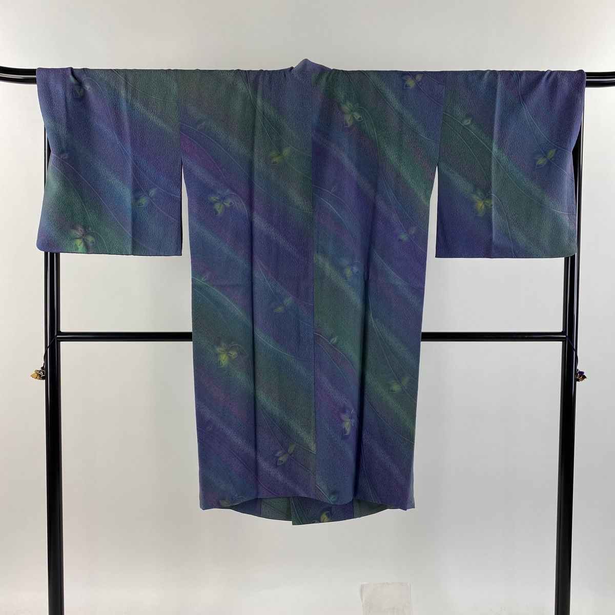 道行 身丈110cm 裄丈69cm L 和装コート 千代田衿 落款 葉柄 斜縞  