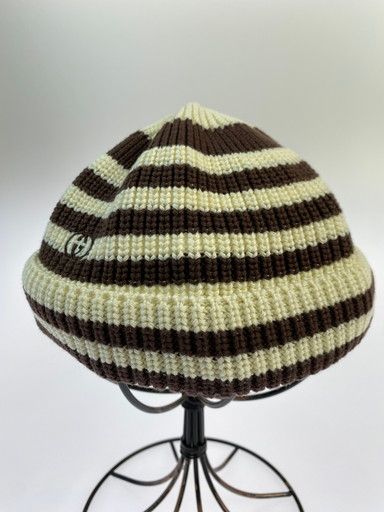 GUCCI グッチ KNITCAP キッズ GGロゴ ボーダー ニットキャップ 帽子 サイズ L 56 20cm ブラウン|ホワイト キッズ 183-250418-yn-22-min