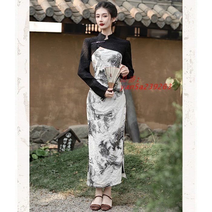 重ね着刺繍長袖 ロングタイトチャイナドレス風ワンピース 白×黒 キャバ スナック きれいめ レディース ドレス 韓国 yan5a239263