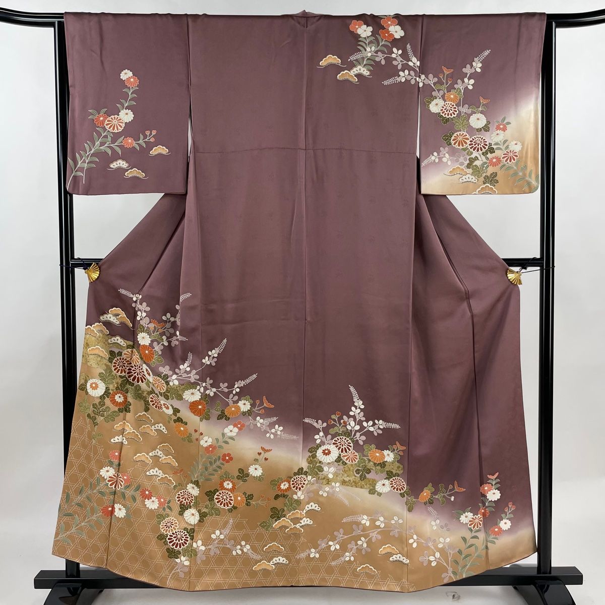 訪問着 身丈156.5cm 裄丈65cm M 袷 菊 笠松 金彩 ぼかし 灰紫 正絹 秀品
