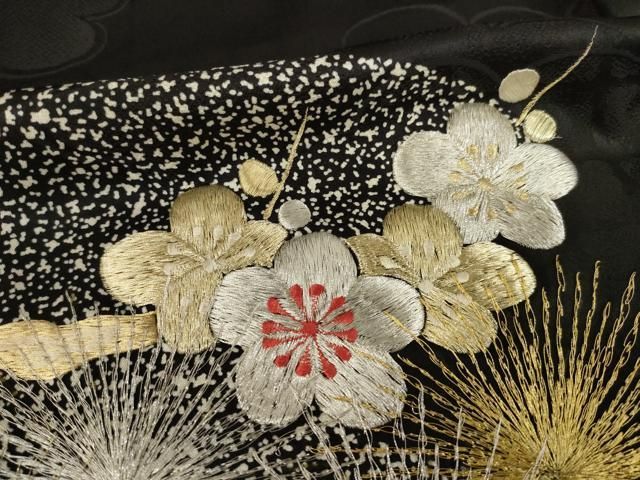 平和屋着物○豪華振袖 総刺繍 枝梅 黒地 金銀糸 正絹 逸品 AAAT2276ck