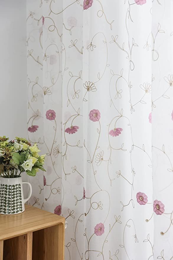 Ponoa(ポノア) 高級 刺繍 花柄 レースカーテン 2枚組 (ピンク 横幅100cm×丈210cm) ジャスターフック付き おしゃれ ボイルカーテン R-1 高級 刺繍 レースカーテン アジャスターフック付き 花柄 北欧 西洋風 ボイルカーテン (2枚入り・横幅100cm×丈183cm)