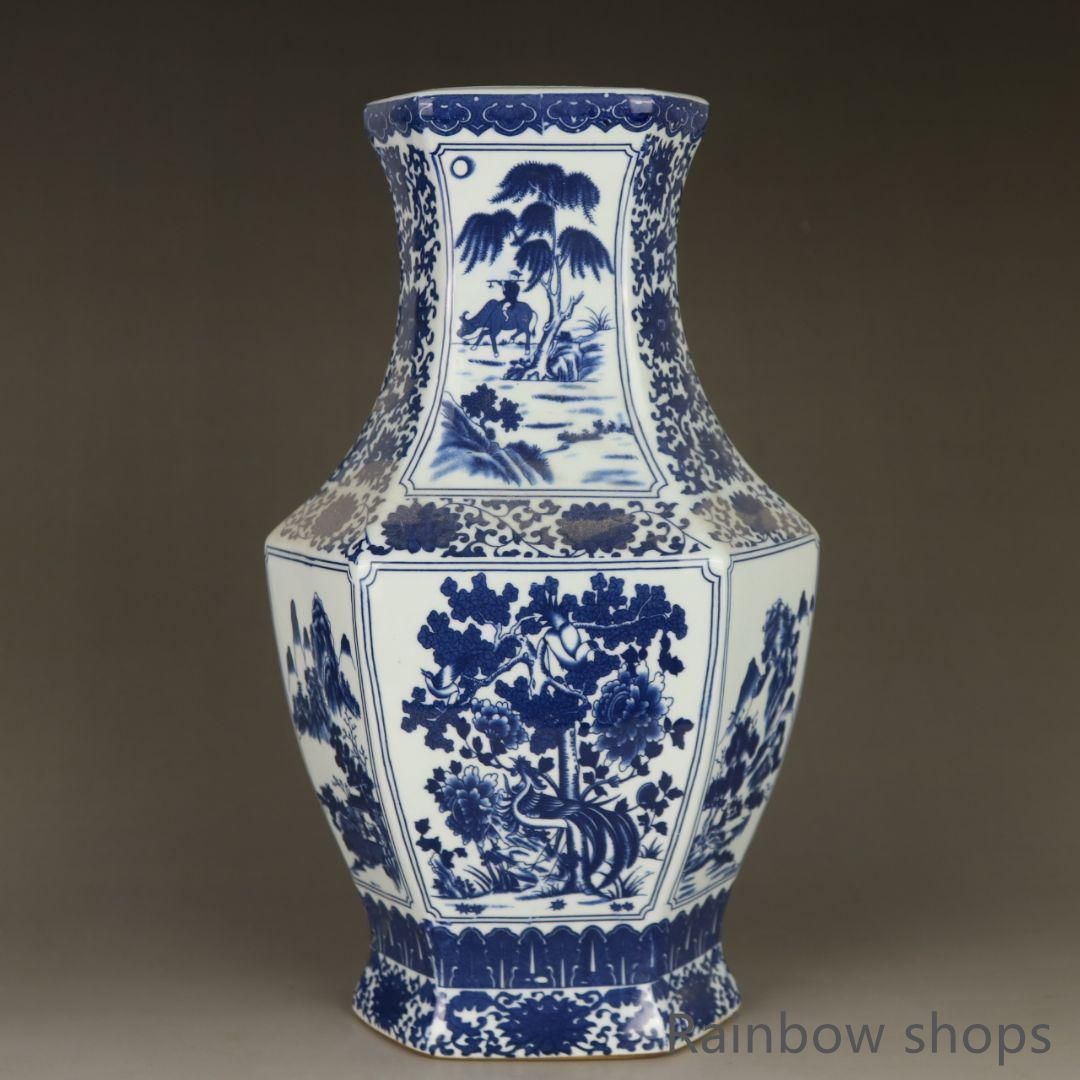 新品未使用】清乾隆青花人物花鳥六方賞瓶 景徳鎮 陶磁器 装飾品