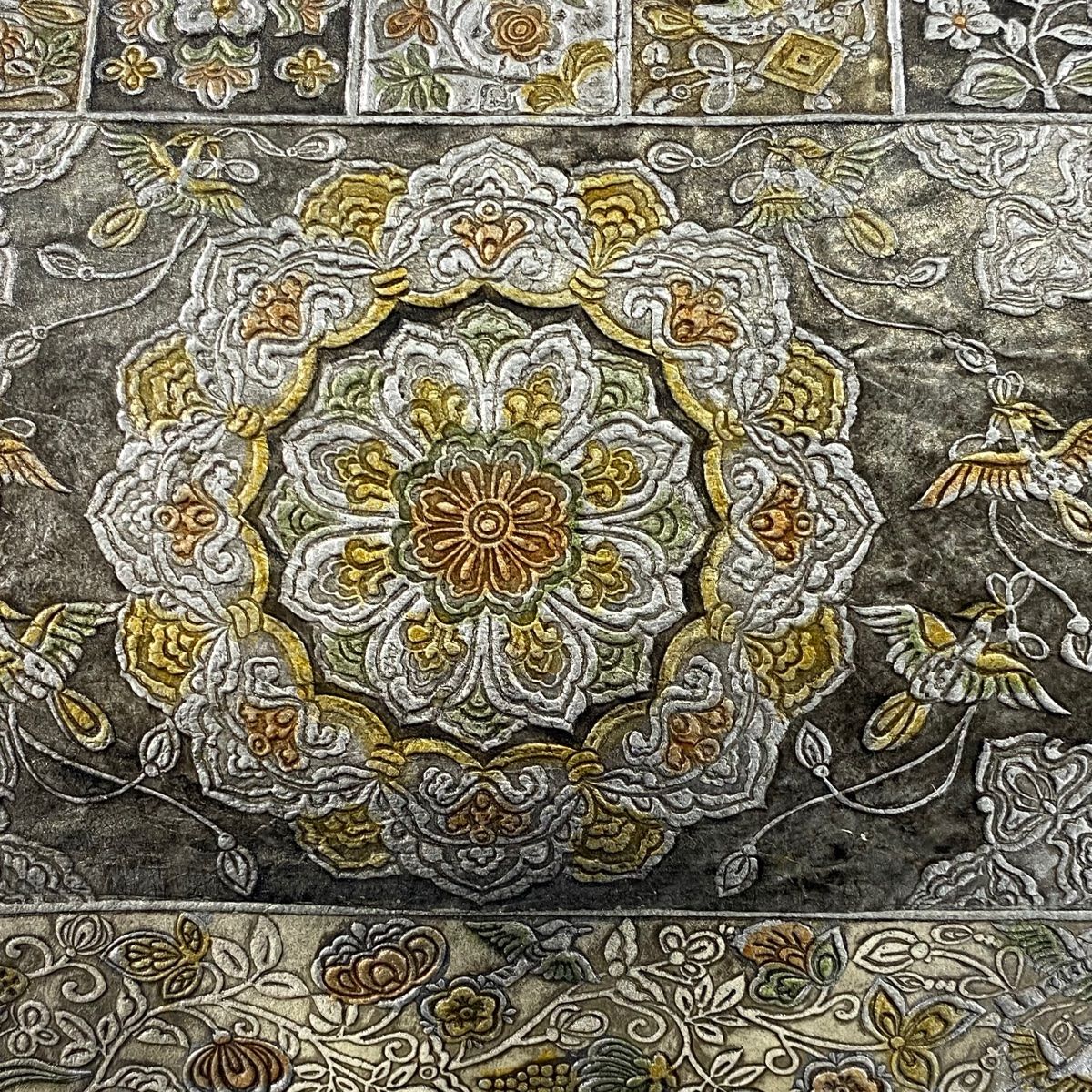 袋帯 落款 華文 花鳥 金銀彩 銀色 六通 正絹