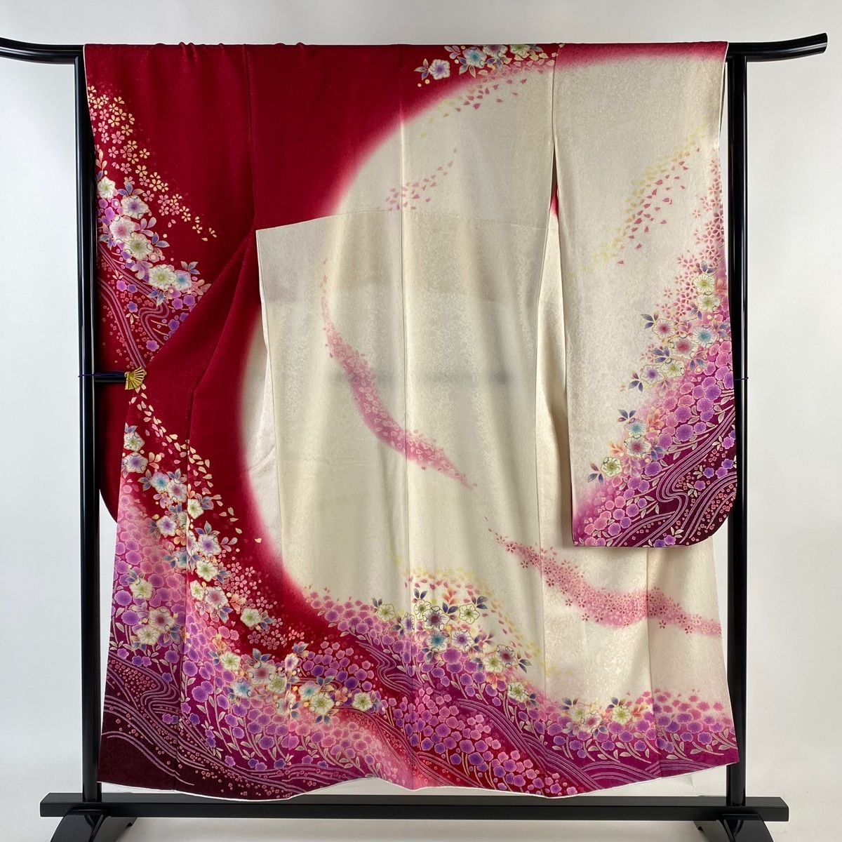 振袖 身丈153.5cm 裄丈64cm M 袷 花車 草花 銀糸 銀彩 ピンク 正絹