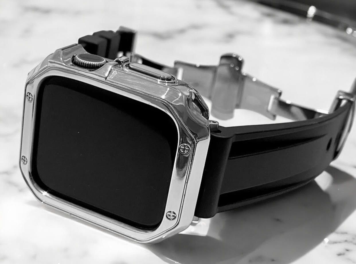 44mm Applewatch　カバー メンズ カスタム 時計バンド ローズブラック 新作 メタル ラバー カスタム apple watch ケース