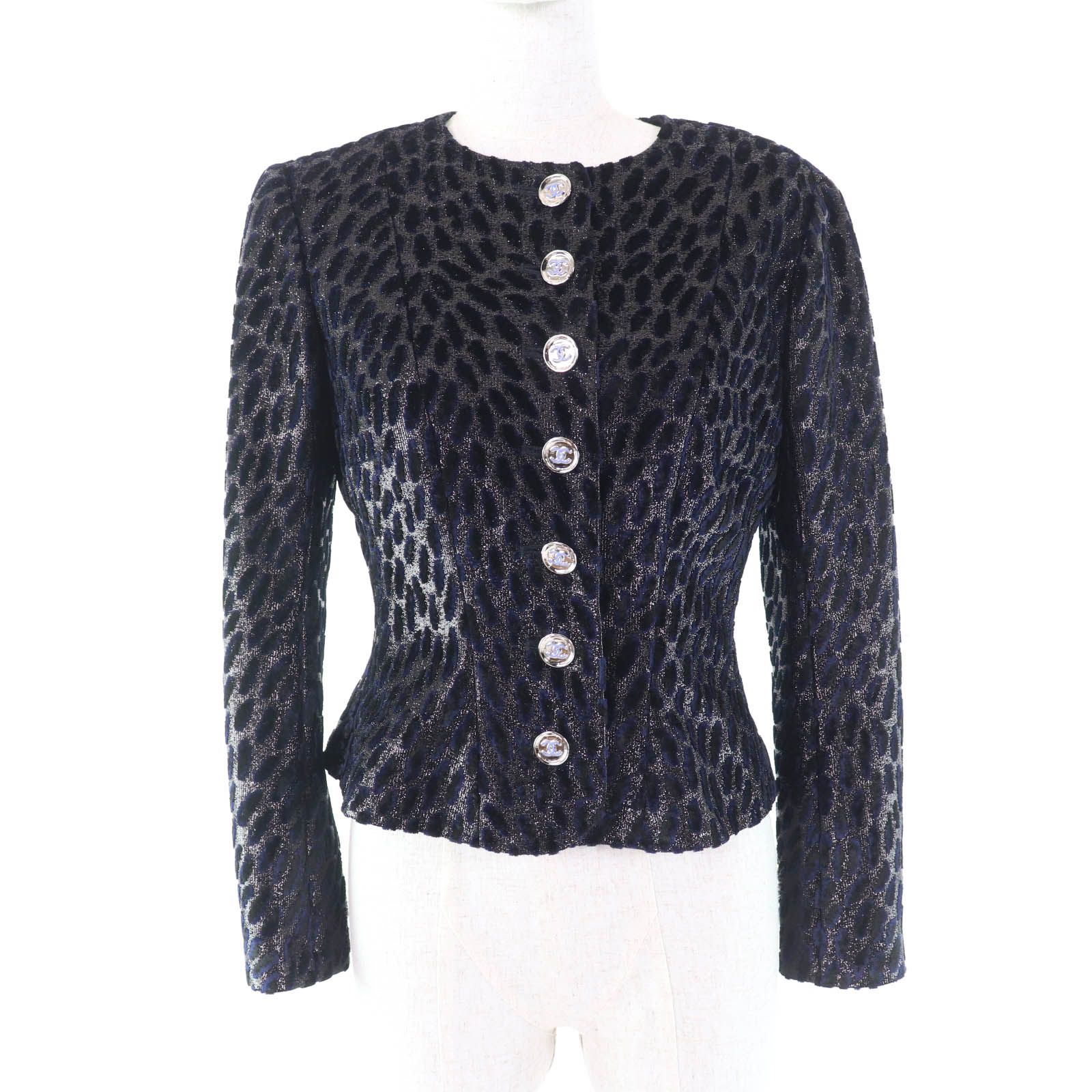 CHANEL シャネル P75180 ココマークボタン付 レオパード柄 ベルベット ジャケット ブルゾン ネイビー 36 フランス製 レディース