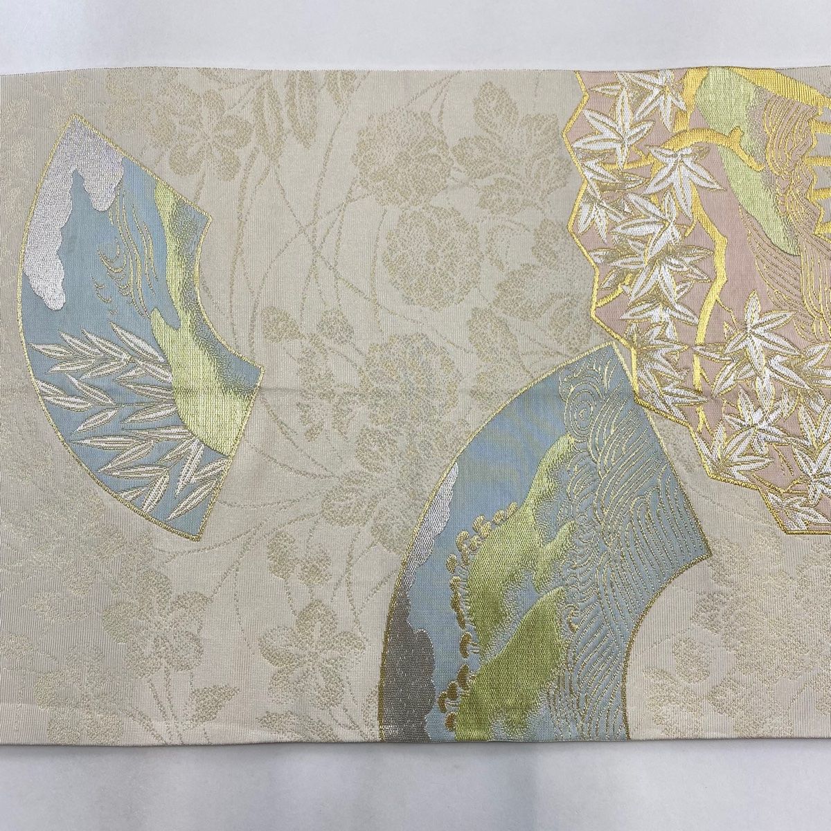 袋帯 美品 名品 川島織物 落款 扇 楓 金銀糸 刺繍 ベージュ 六通