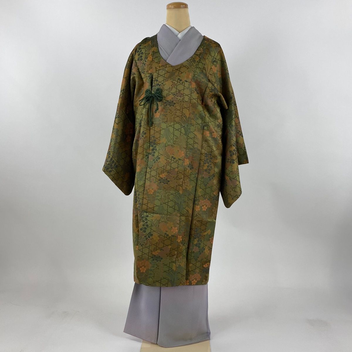 道行 身丈111.5cm 裄丈68cm L 和装コート 千代田衿 草花 籠目 茶緑色  