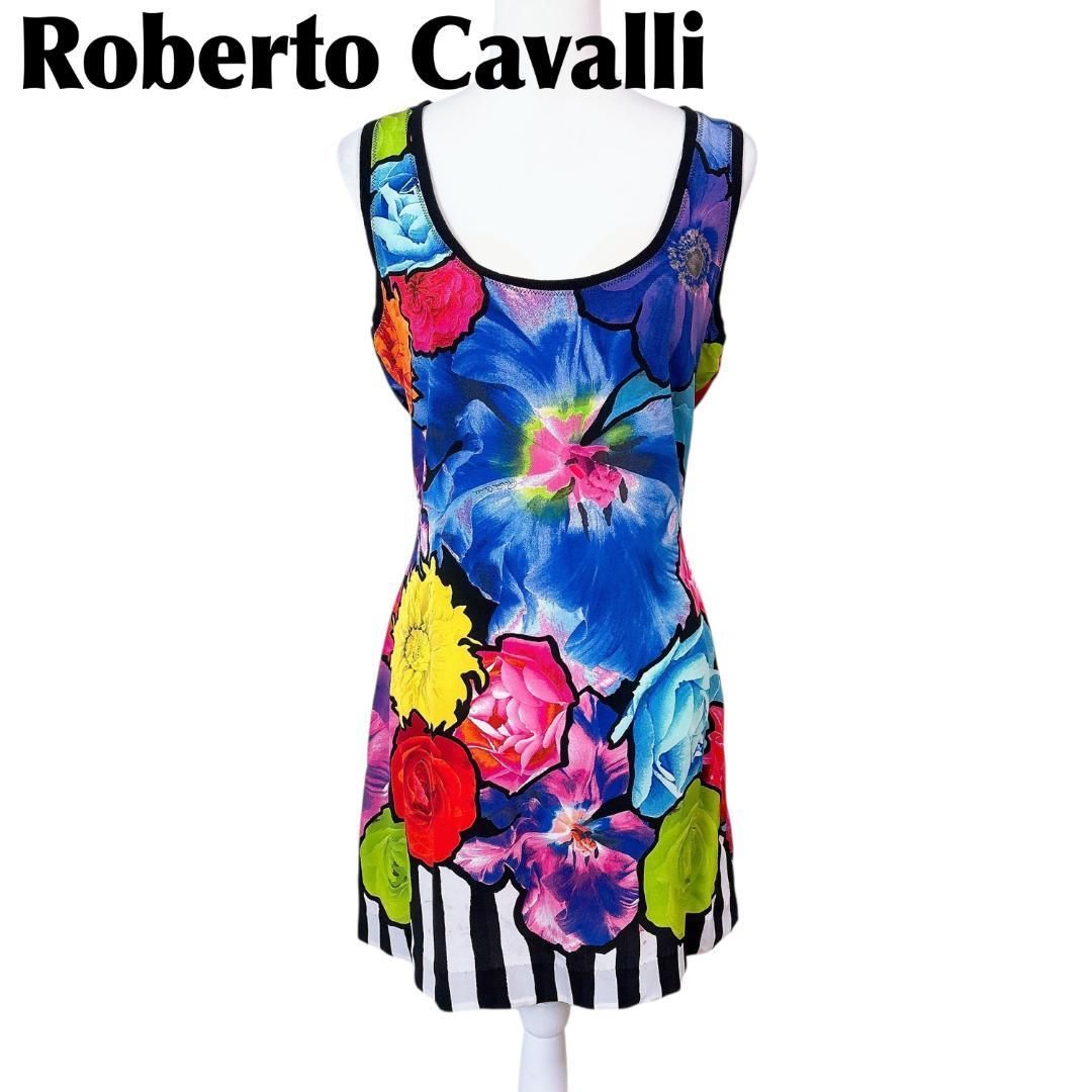 ロベルトカヴァリ ノースリーブワンピース 42 マルチ花柄 ストライプ