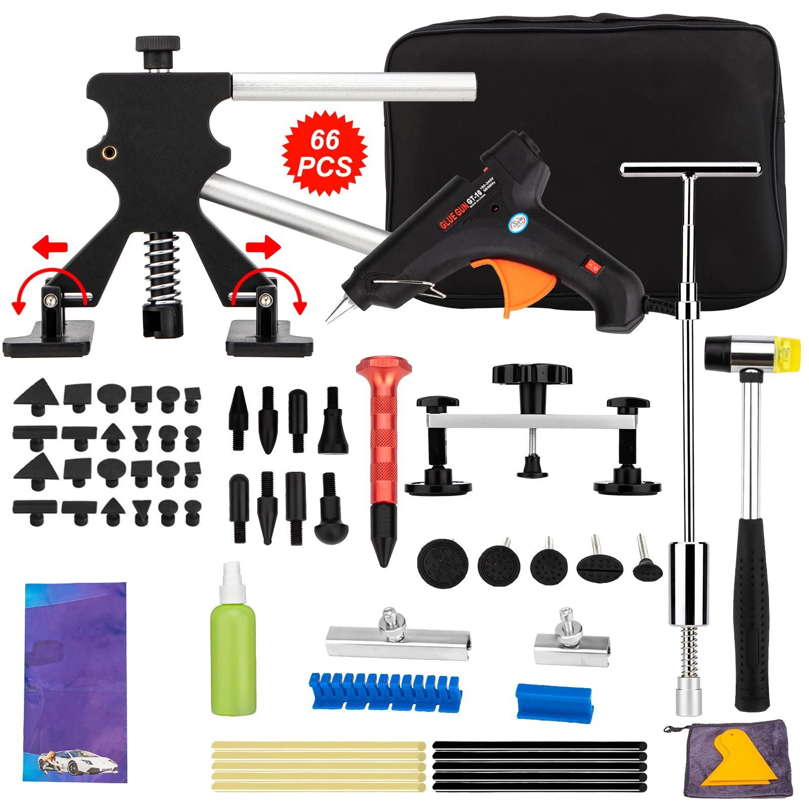 Beedove デントリペアツール 66PCS デントリペアキット 車 凹み 修理 デントリペア 工具 車 デントリフター スライドハンマー バキュームリフター 修復工具 引っ張り工具 収納バッグ付き