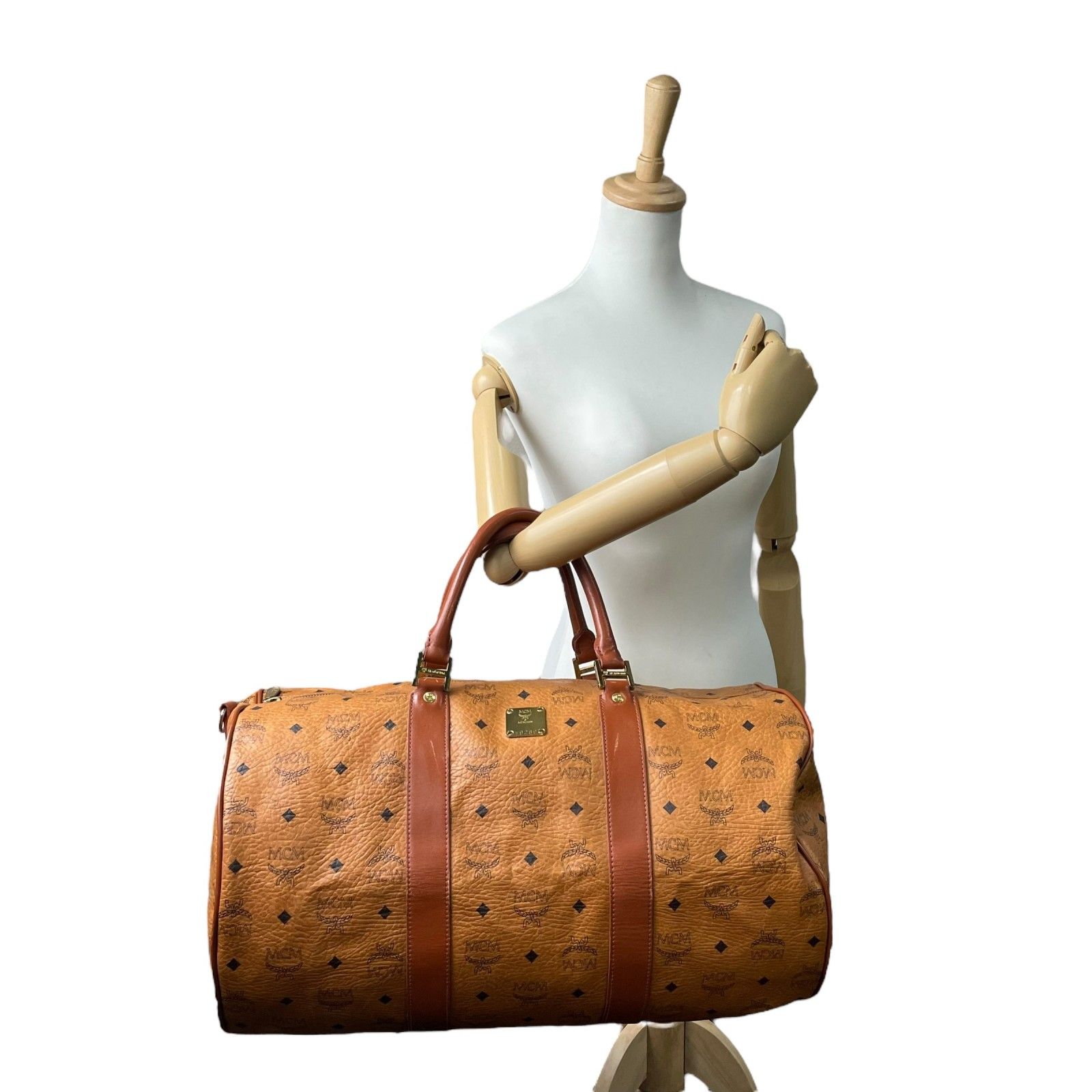 MCM エムシーエム ロゴグラム ボストンバッグ コニャック ブラウン キャメル 408301-4.jpg
