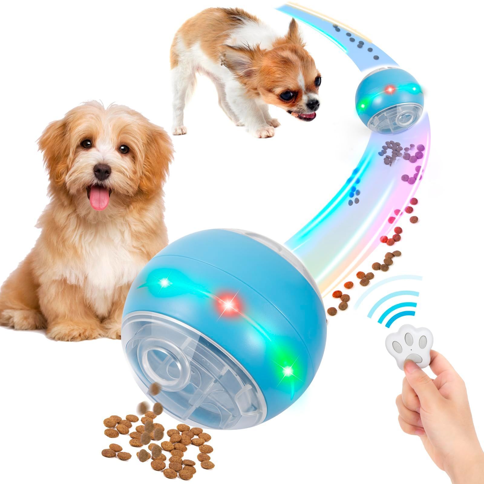 【特価商品】TOMAZON 犬用 ボール 自動動き おもちゃ 餌入れ おやつ 知育玩具 リモコン操作 電動 光る 回転 DC充電式 安全 無毒 耐久 ペット動くボール 運動不足対策 暇つぶし ストレス解消 (ブ