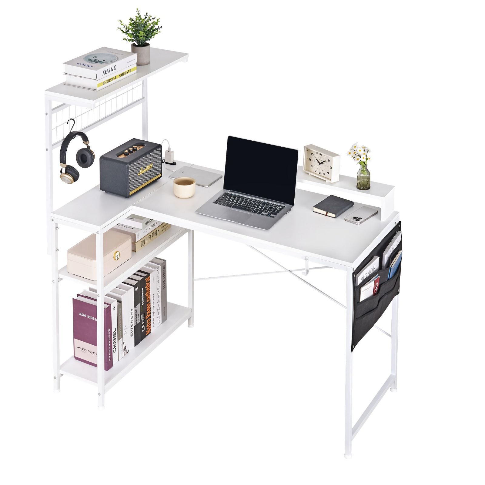 コンセント付き A4対応 オフィスデスク 棚付デスク 本棚 コンパクト 幅122×奥行70×高さ72cm 仕事 手入れ簡単 パソコンデスク ゲーム 公 VECELO ホワイト