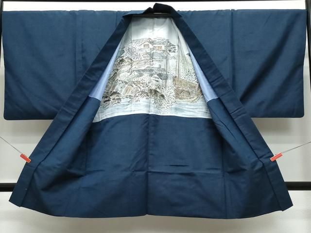 平和屋着物○男性 紬 アンサンブル 藍鉄色 正絹 逸品 CAAS8447vf  