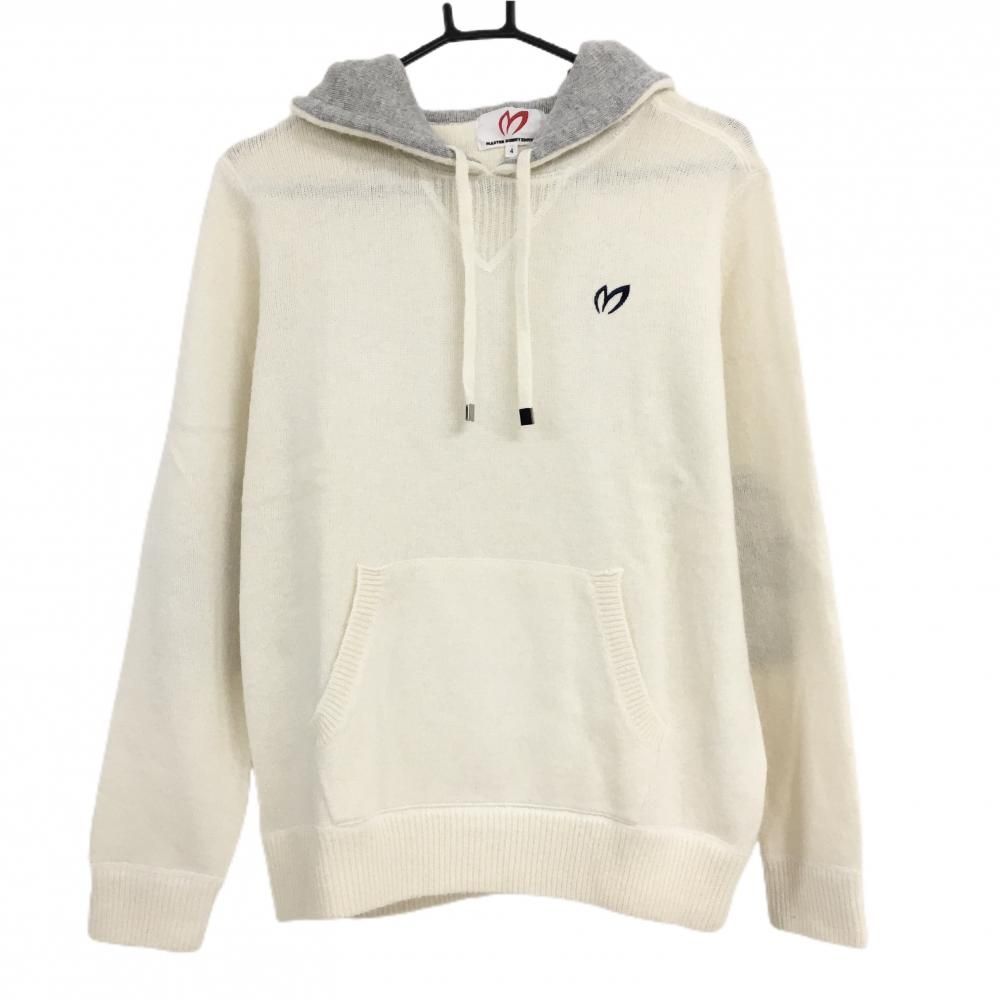 マスターバニー フード付セーター 白×グレー ロゴネイビー アンゴラ混 ニット メンズ 4 M ゴルフウェア MASTER BUNNY EDITION