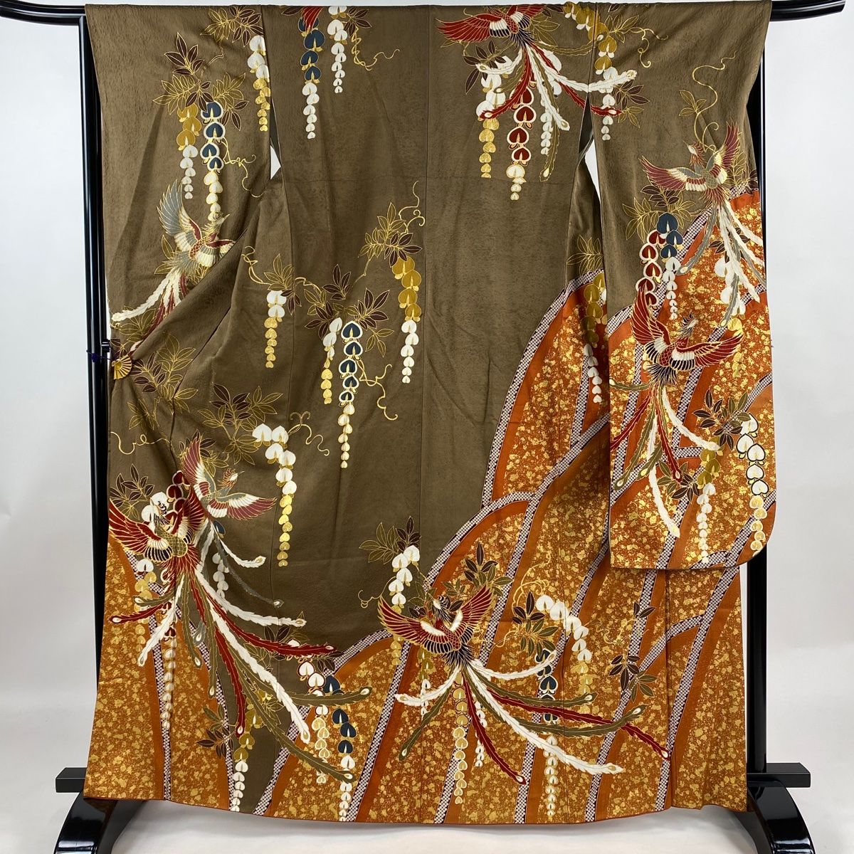 振袖 身丈165.5cm 裄丈66cm M 袷 鳳凰 胡蝶蘭 金彩 茶色 正絹 秀品