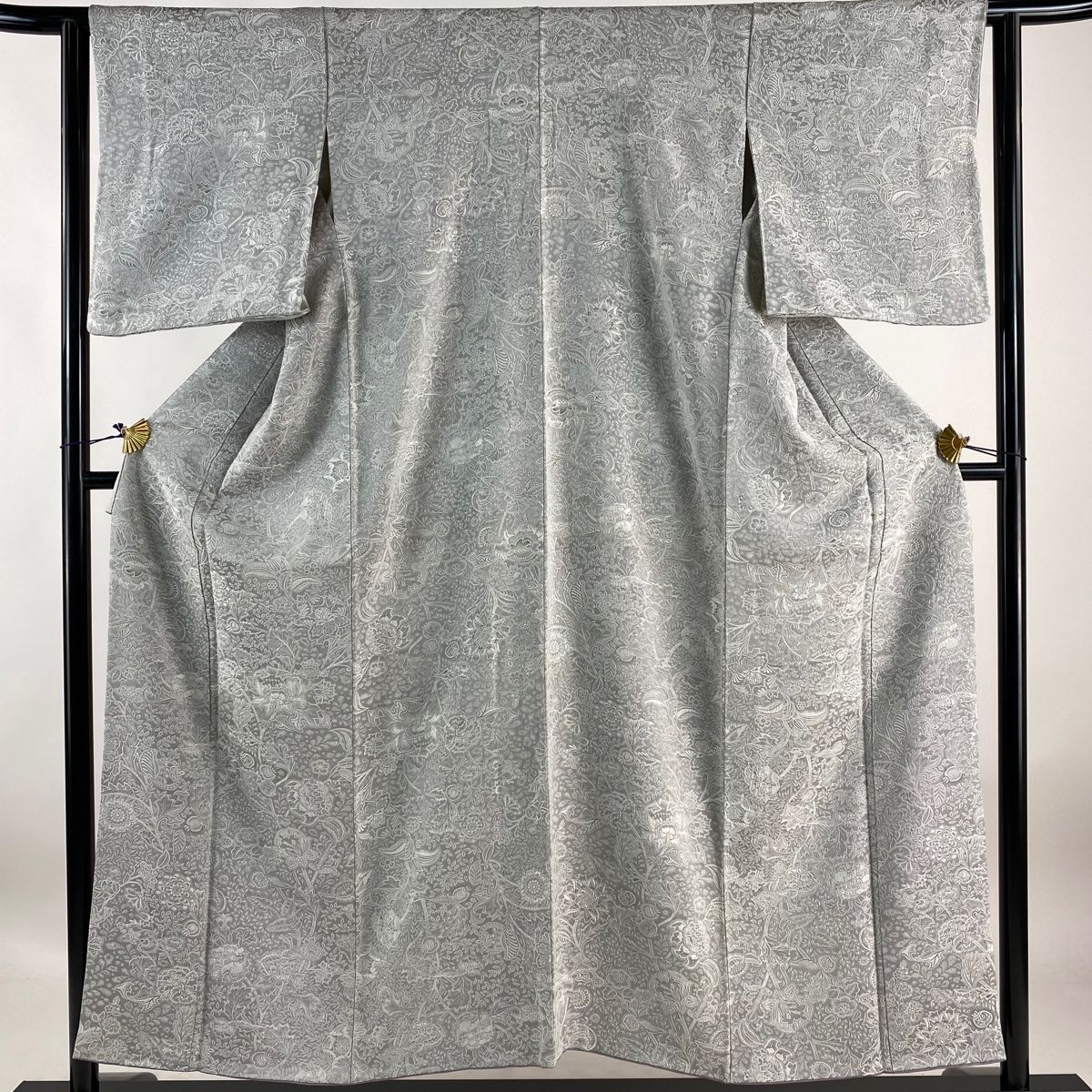 小紋 身丈152.5cm 裄丈63cm S 袷 山岡古都 落款 草花 紋意匠 灰色 正絹  