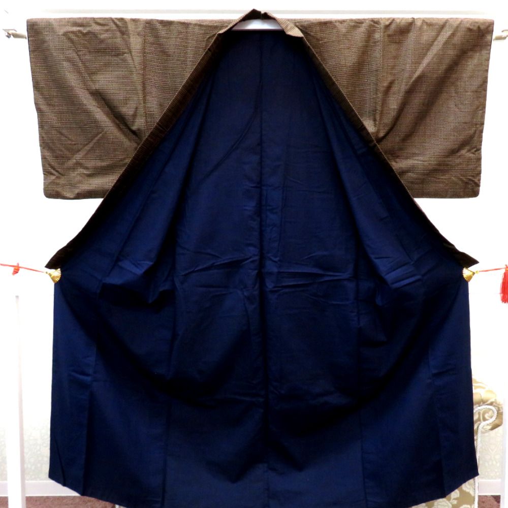 男着物 男性用 紬アンサンブルセット 袷 茶 ベージュ 正絹 男性用