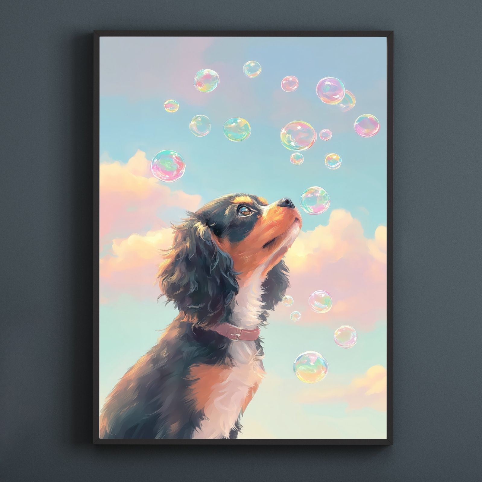 最安値人気新品。 名入れOK 犬とシャボン玉 - キャバリア キングチャールズ スパニエル犬 No.2 トライ アートポスター ペットロス うちの子記念日 北欧 ナチュラル