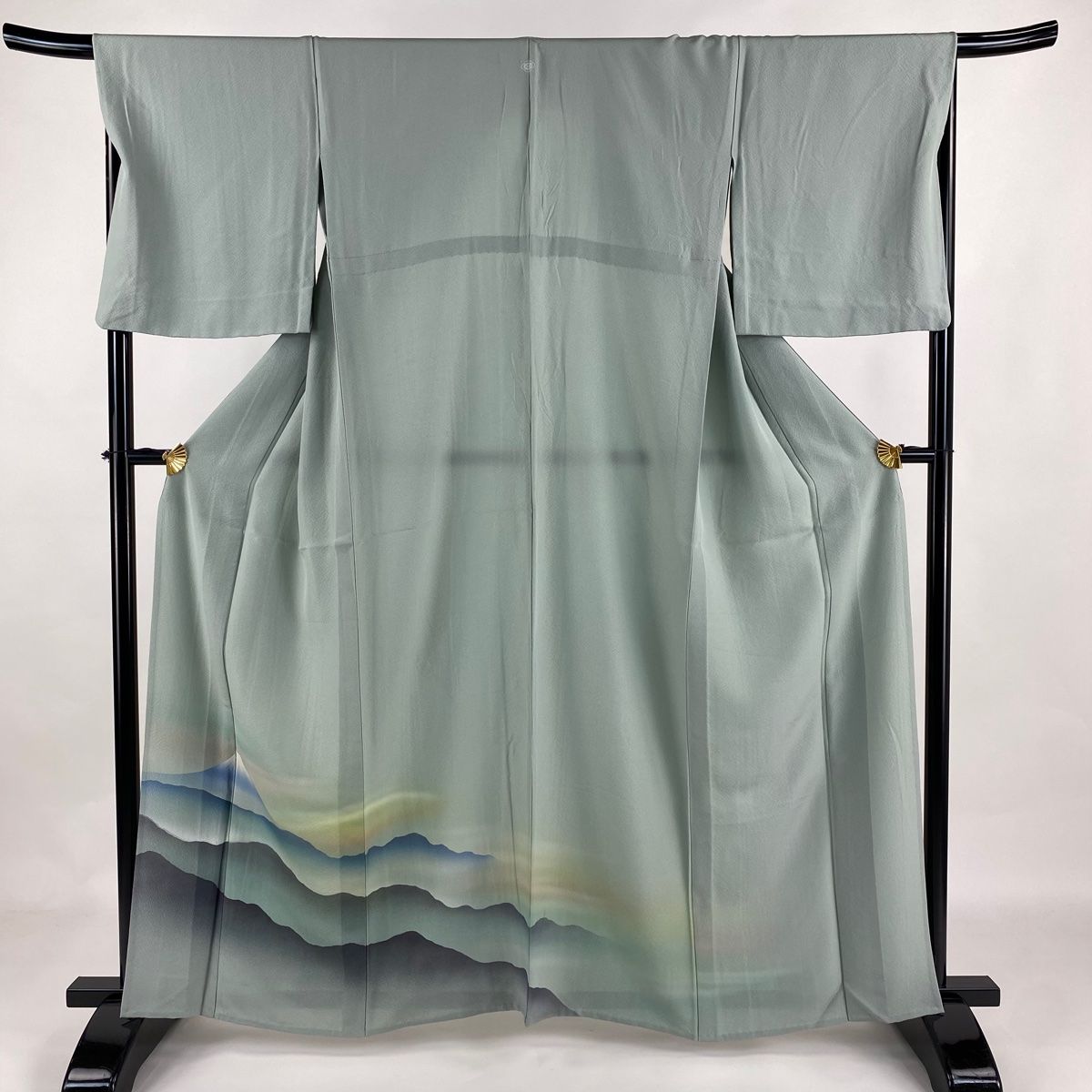 色留袖 身丈162cm 裄丈67.5cm L 単衣 山並み 霞 ぼかし 灰緑 正絹 秀品 一つ紋